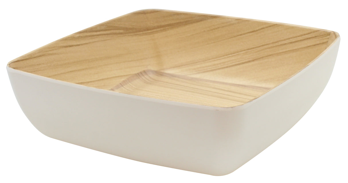 A square, shallow melamine bowl with smooth, rounded edges and a matte white exterior. The interior features a wood-grain pattern in light brown tones from the TableCraft Frostone Naturals collection, creating a natural, minimalist look on a white background.