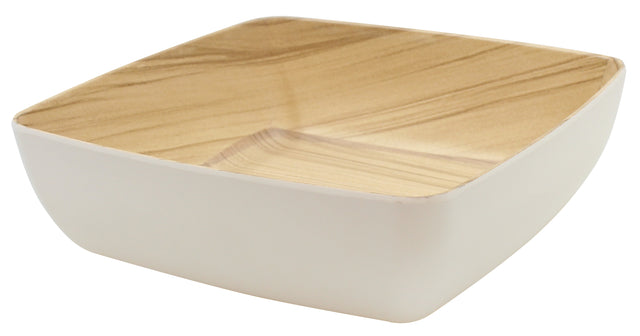 A square, shallow melamine bowl with smooth, rounded edges and a matte white exterior. The interior features a wood-grain pattern in light brown tones from the TableCraft Frostone Naturals collection, creating a natural, minimalist look on a white background.