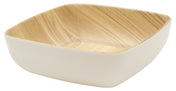 A square, shallow Frostone Naturals Collection bowl with slightly rounded edges. The matte white exterior pairs with a bamboo interior pattern for a natural, minimalist look. This dishwasher safe bowl sits elegantly on a white background.