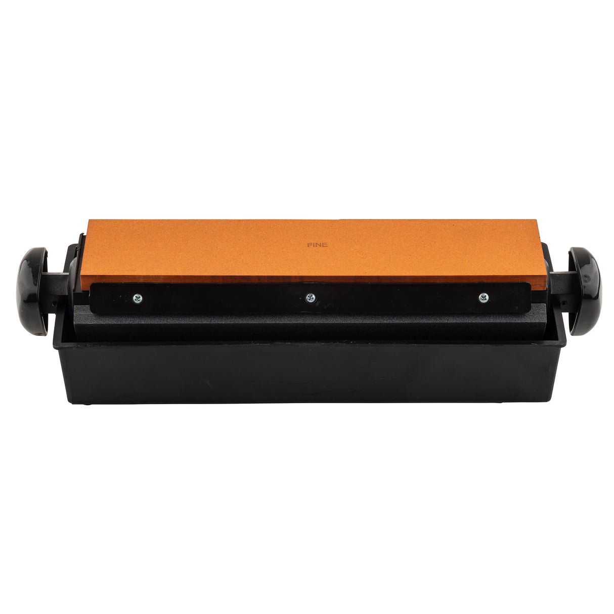 A rectangular sharpening stone with an orange surface is mounted in a black plastic base. Two black knobs and visible screws secure the stone, making it easy to adjust sharpening settings when using the Three-Way Sharpener System.