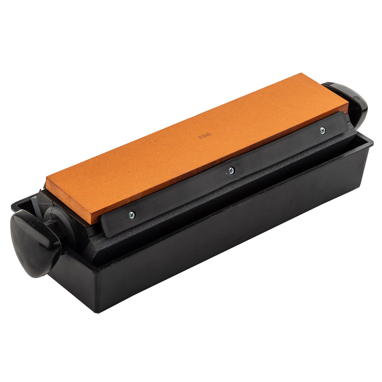 A rectangular orange sharpening stone sits in a black plastic holder with handles on both ends. Compatible with a Three-Way Sharpener System, it includes a tray beneath to catch debris or water and is ideal for use with honing oil.