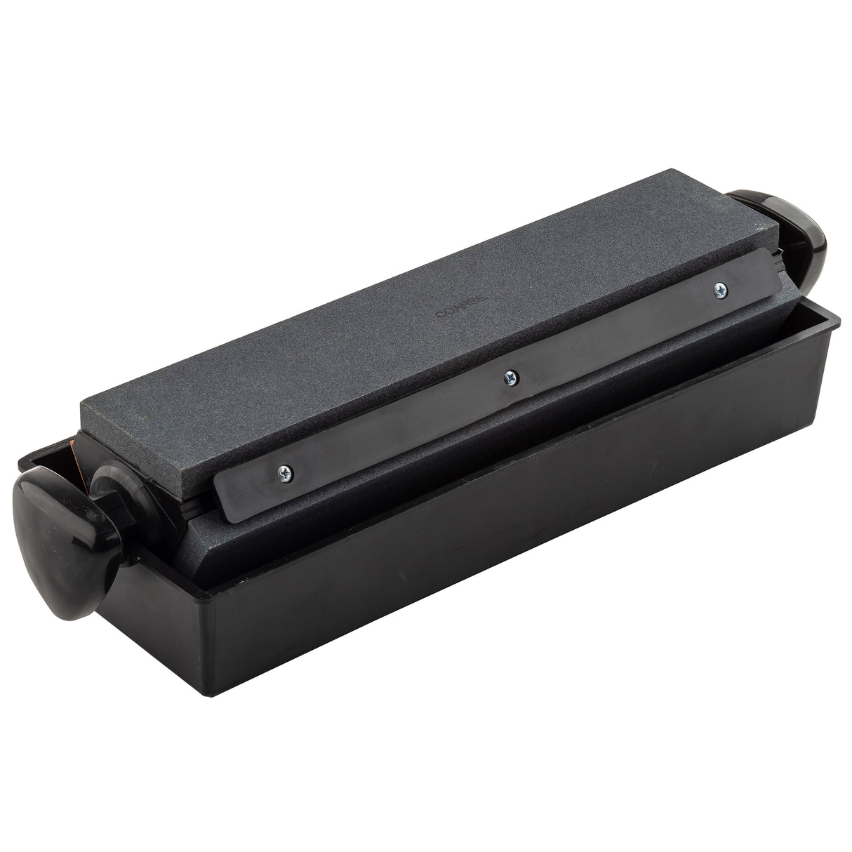 A rectangular black sharpening stone with a gray abrasive surface rests in a black plastic base. This Three-Way Sharpener System features rounded handles and a secure guide bar, making it easy to use with your preferred sharpening settings.