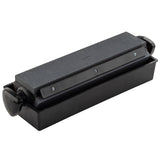 A rectangular black sharpening stone with a gray abrasive surface rests in a black plastic base. This Three-Way Sharpener System features rounded handles and a secure guide bar, making it easy to use with your preferred sharpening settings.