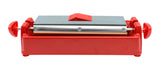 A red knife sharpener featuring a rectangular sharpening stone held in a red plastic base. Two round knobs sit on each side, and a small handle on top allows for easy angle adjustments—part of the Three-Way Knife Sharpening System.