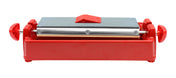 A red knife sharpener featuring a rectangular sharpening stone held in a red plastic base. Two round knobs sit on each side, and a small handle on top allows for easy angle adjustments—part of the Three-Way Knife Sharpening System.