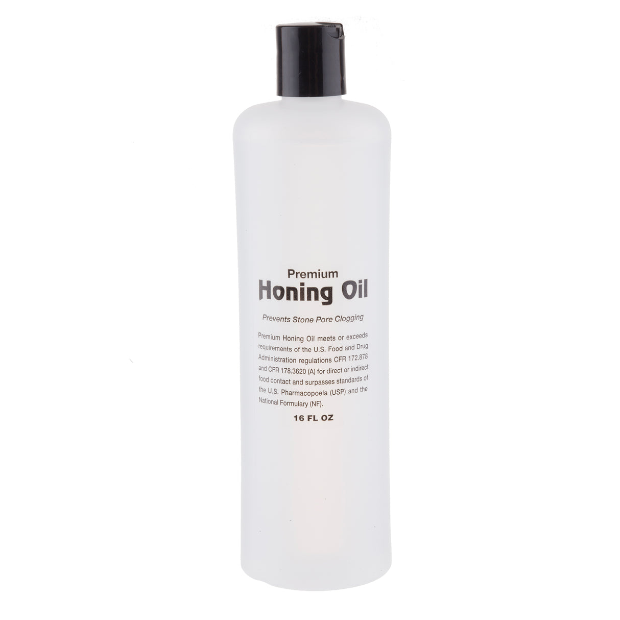 A clear plastic bottle with a black cap, labeled TableCraft Premium Honing Oil. The text states it prevents stone pore clogging and meets USP and NF standards. The bottle contains 16 fluid ounces of premium honing oil.