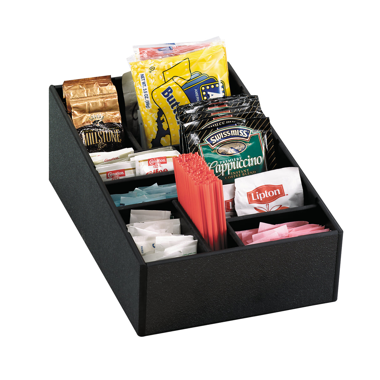 A black plastic condiment organizer holds various packets including Hot Cocoa Mix, Lipton tea, sugar, sweetener, creamer, and stir sticks, all arranged neatly in divided compartments—perfect as a straw organizer too.