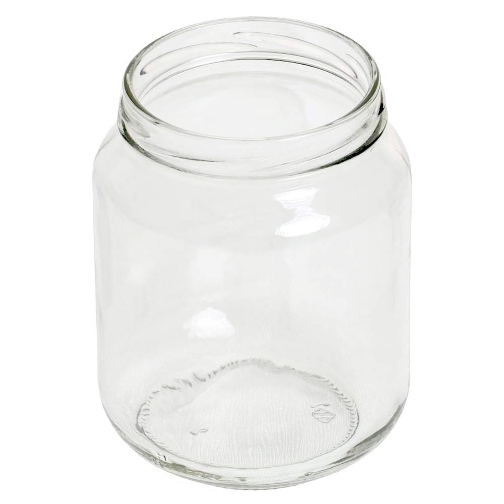 A clear, empty glass jar with a wide opening and no lid, perfect as a Replacement Mason Jar or for use as stylish cutlery holders. This 22 oz cylindrical jar has a slight curve near the top and features smooth, transparent glass.