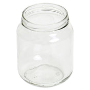 A clear, empty glass jar with a wide opening and no lid, perfect as a Replacement Mason Jar or for use as stylish cutlery holders. This 22 oz cylindrical jar has a slight curve near the top and features smooth, transparent glass.