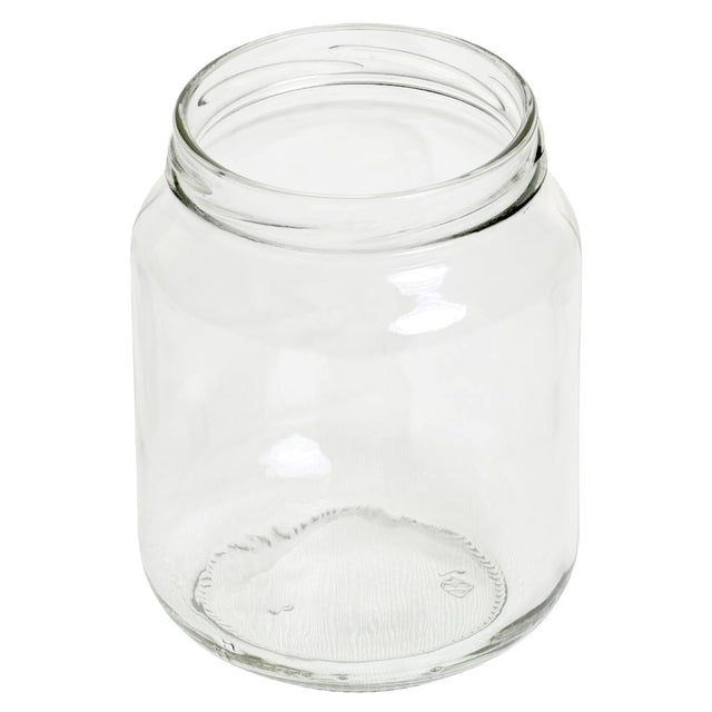 A clear, empty glass jar with a wide opening and no lid, perfect as a Replacement Mason Jar or for use as stylish cutlery holders. This 22 oz cylindrical jar has a slight curve near the top and features smooth, transparent glass.