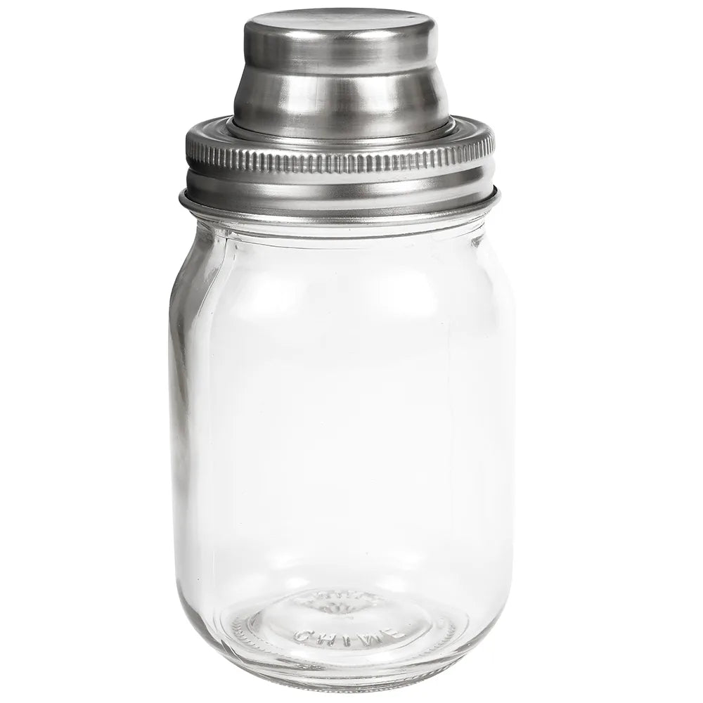 A clear 14 oz Mason Jar Cocktail Shaker with a stainless steel shaker top, including a strainer and cap. The lid fits securely onto the threaded mouth of the jar, which stands empty against a white background.