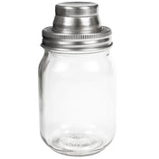 A clear 14 oz Mason Jar Cocktail Shaker with a stainless steel shaker top, including a strainer and cap. The lid fits securely onto the threaded mouth of the jar, which stands empty against a white background.