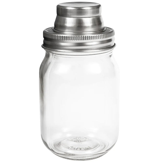 A clear 14 oz Mason Jar Cocktail Shaker with a stainless steel shaker top, including a strainer and cap. The lid fits securely onto the threaded mouth of the jar, which stands empty against a white background.