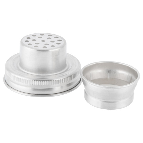 Two metal cocktail shaker parts are shown: a stainless steel strainer cap with multiple round holes on top, and a matching jigger cup. Both feature simple, smooth designs and could be paired with a mason jar cocktail shaker, displayed on a white background.