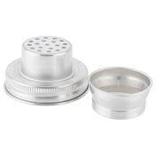 Two metal cocktail shaker parts are shown: a stainless steel strainer cap with multiple round holes on top, and a matching jigger cup. Both feature simple, smooth designs and could be paired with a mason jar cocktail shaker, displayed on a white background.