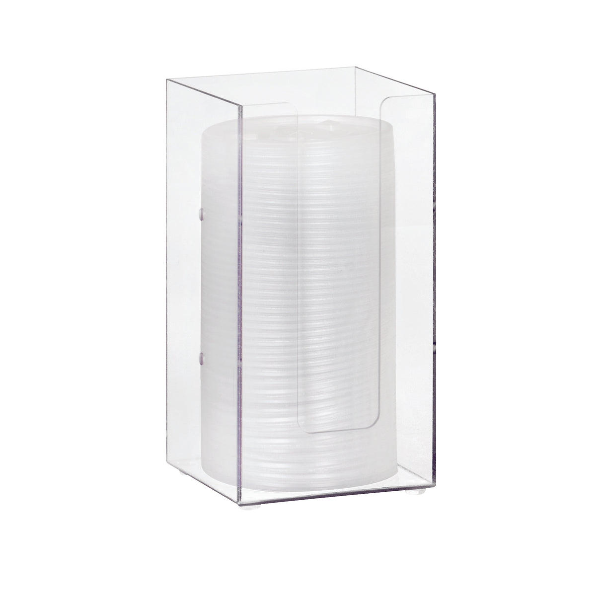 A stack of clear plastic cups is stored vertically inside a modular acrylic organizer or Lid/Cup Organizer with an open front for easy access. The cups are nested tightly together, and the dispenser stands on a flat surface.