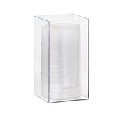 A stack of clear plastic cups is stored vertically inside a modular acrylic organizer or Lid/Cup Organizer with an open front for easy access. The cups are nested tightly together, and the dispenser stands on a flat surface.