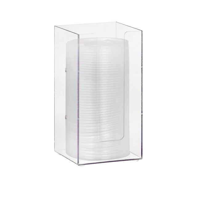A stack of clear plastic cups is stored vertically inside a modular acrylic organizer or Lid/Cup Organizer with an open front for easy access. The cups are nested tightly together, and the dispenser stands on a flat surface.