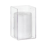 A tall, transparent acrylic organizer holds a stack of white disposable plates neatly inside, with a curved opening on the front for easy access. The modular organizer’s edges and corners are clearly visible.