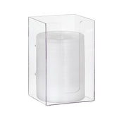 A tall, transparent acrylic organizer holds a stack of white disposable plates neatly inside, with a curved opening on the front for easy access. The modular organizer’s edges and corners are clearly visible.