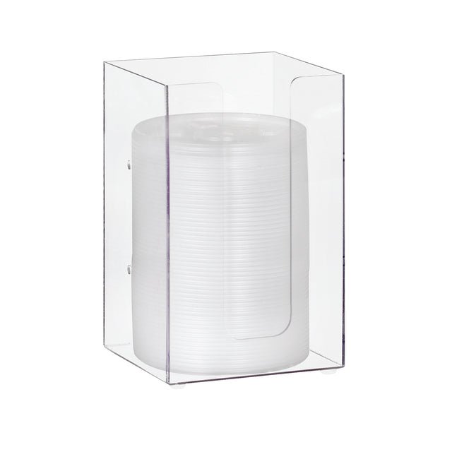 A tall, transparent acrylic organizer holds a stack of white disposable plates neatly inside, with a curved opening on the front for easy access. The modular organizer’s edges and corners are clearly visible.