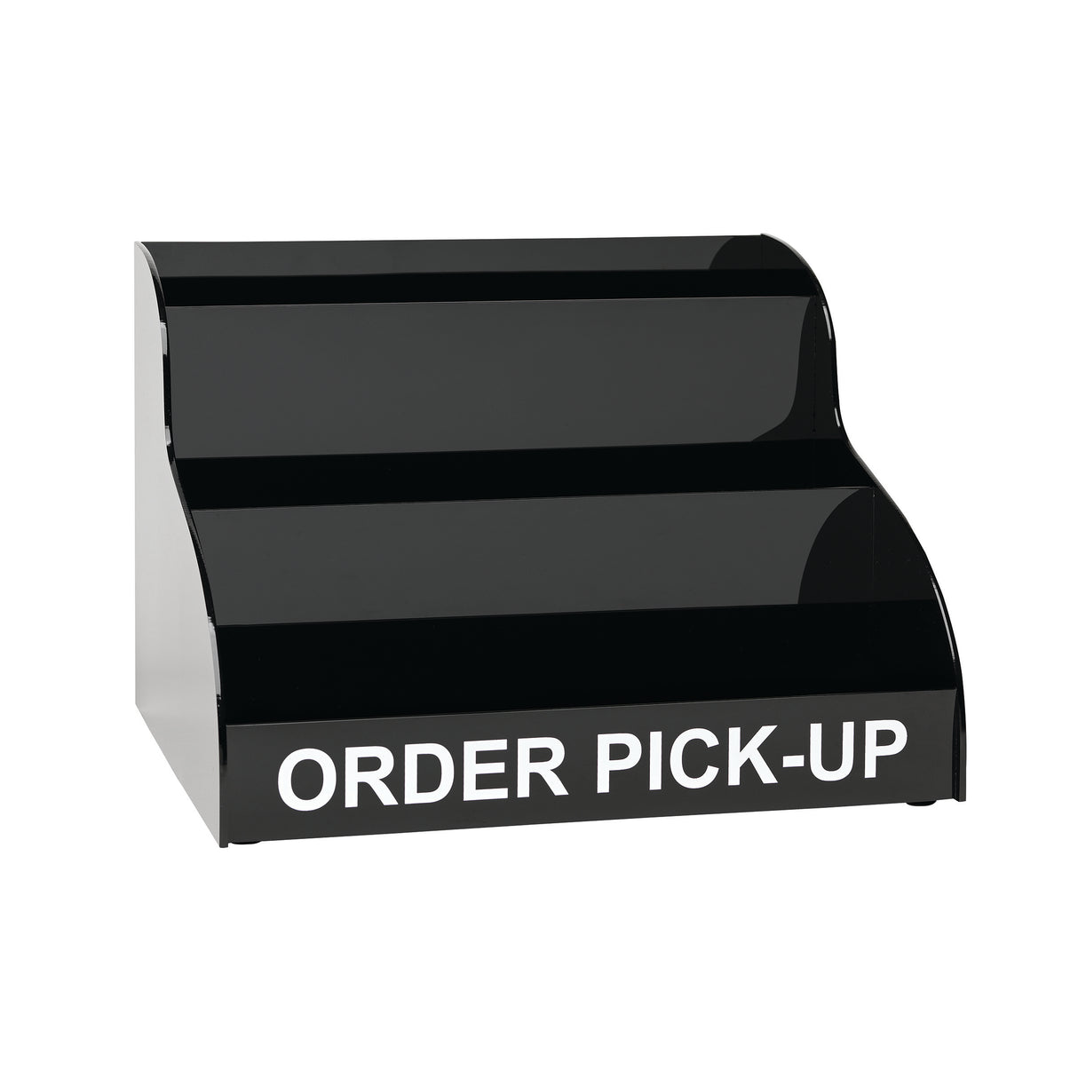 A black, two-tiered countertop display stand with ORDER PICK-UP in bold white letters on the front, designed for holding items ready for customer collection. The background is plain and white.
