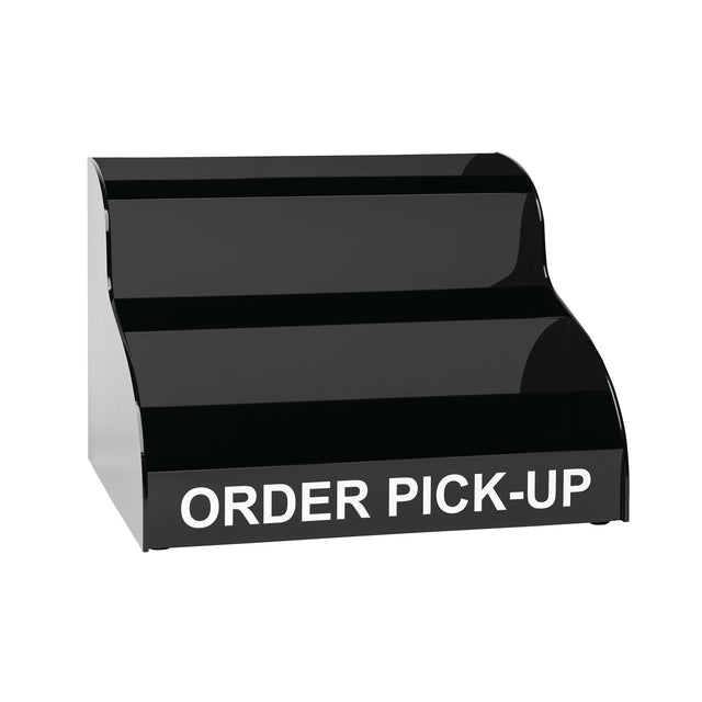 A black, two-tiered countertop display stand with ORDER PICK-UP in bold white letters on the front, designed for holding items ready for customer collection. The background is plain and white.