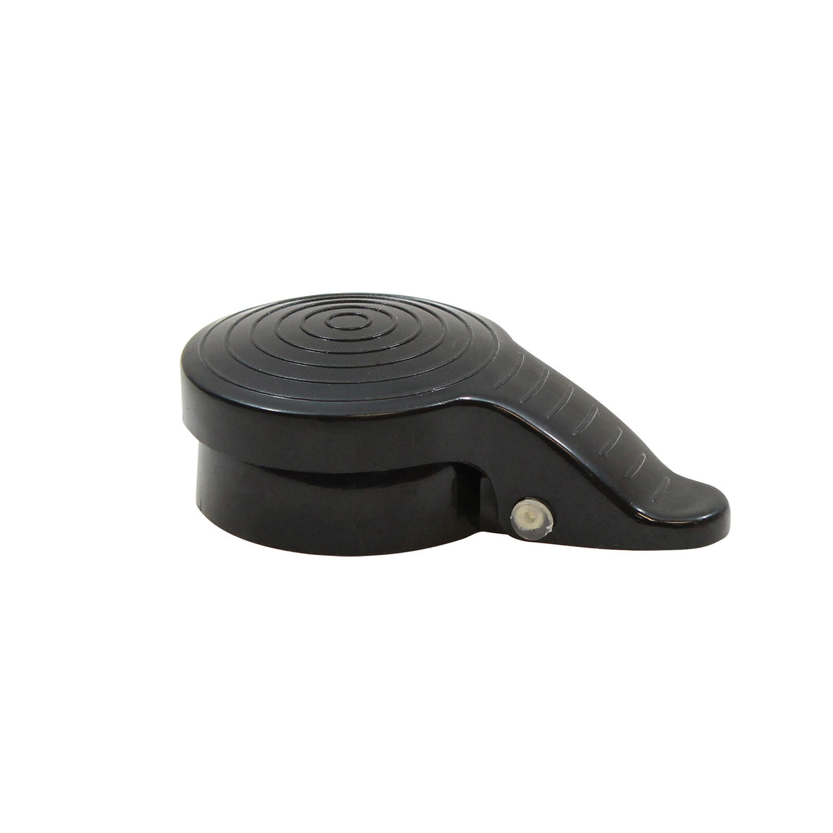 A black ABS plastic rotary hand tool with a circular, ridged top and a short handle. There is a small metal rivet where the handle meets the round body. The device is dishwasher safe and set against a plain white background.