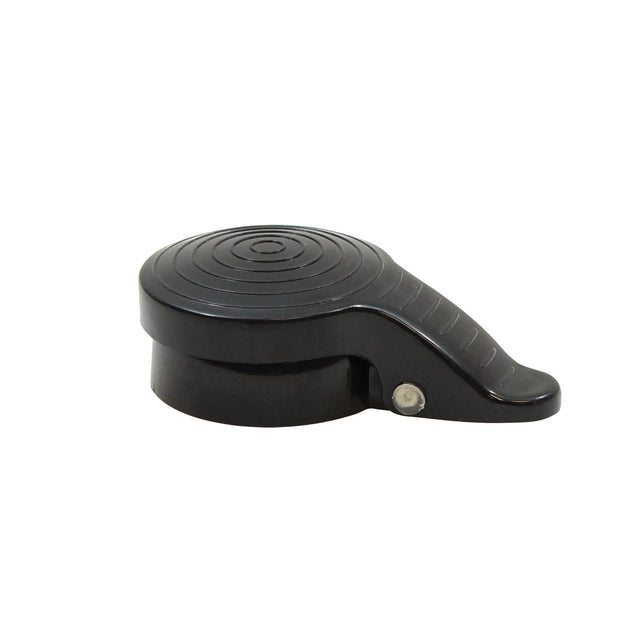 A black ABS plastic rotary hand tool with a circular, ridged top and a short handle. There is a small metal rivet where the handle meets the round body. The device is dishwasher safe and set against a plain white background.