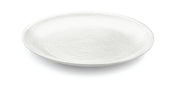 A plain, round, white ceramic plate from the Frostone Collection features a subtle textured pattern of concentric circles. Set on a white background, it is photographed at a slight angle to highlight its shallow depth and glossy surface.