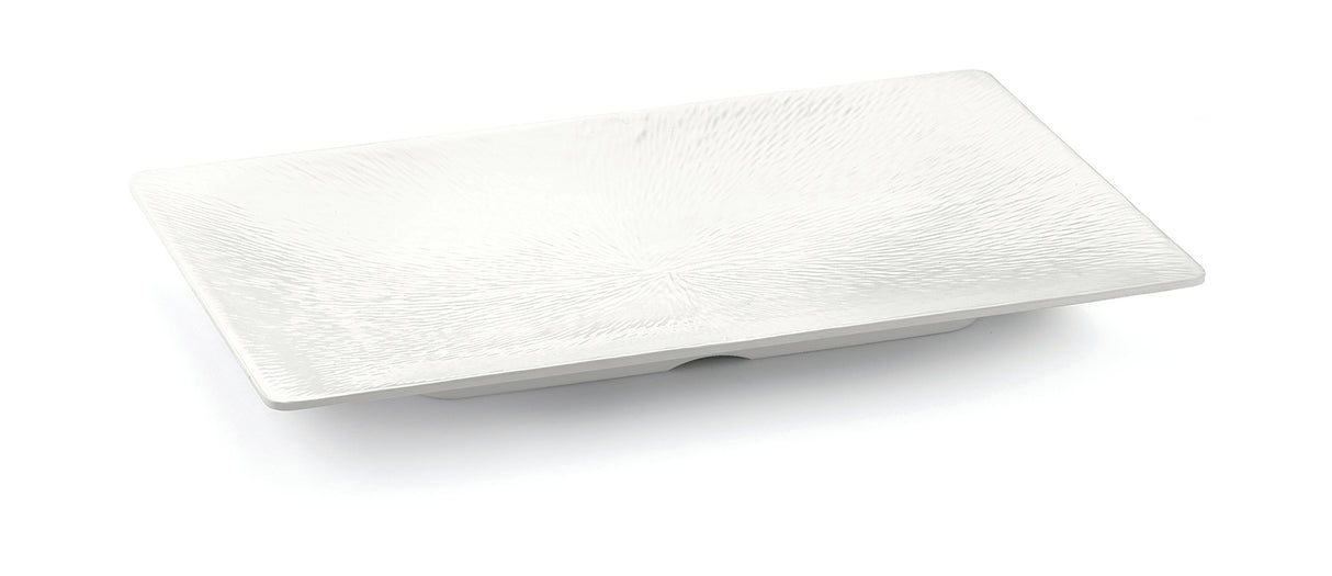 A rectangular, white ceramic Frostone Collection Tray with a subtle textured pattern radiating from the center. The plate has slightly raised edges, is dishwasher safe, and sits on a small base, photographed on a plain white background.