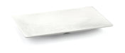 A rectangular, white ceramic Frostone Collection Tray with a subtle textured pattern radiating from the center. The plate has slightly raised edges, is dishwasher safe, and sits on a small base, photographed on a plain white background.