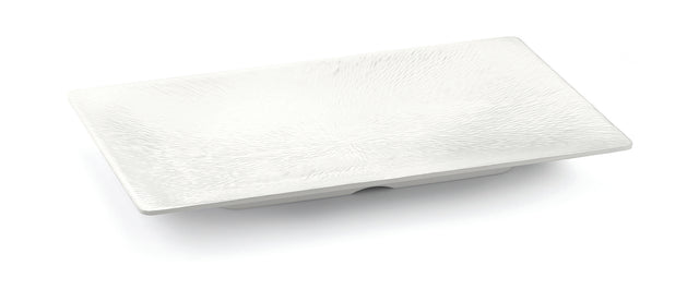 A rectangular, white ceramic Frostone Collection Tray with a subtle textured pattern radiating from the center. The plate has slightly raised edges, is dishwasher safe, and sits on a small base, photographed on a plain white background.