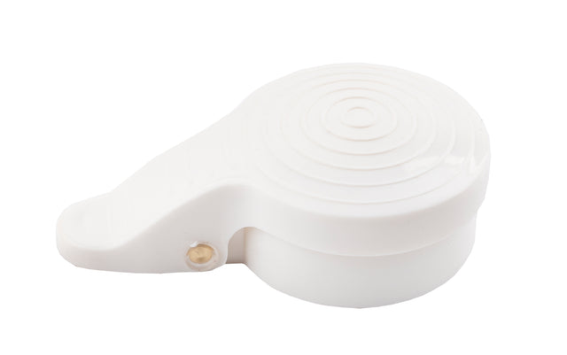 A white, round ABS plastic container with a hinged lid featuring concentric circles and a small side notch, photographed on a white background. Compact and smooth in design, the TableCraft MPWT container is also dishwasher safe.