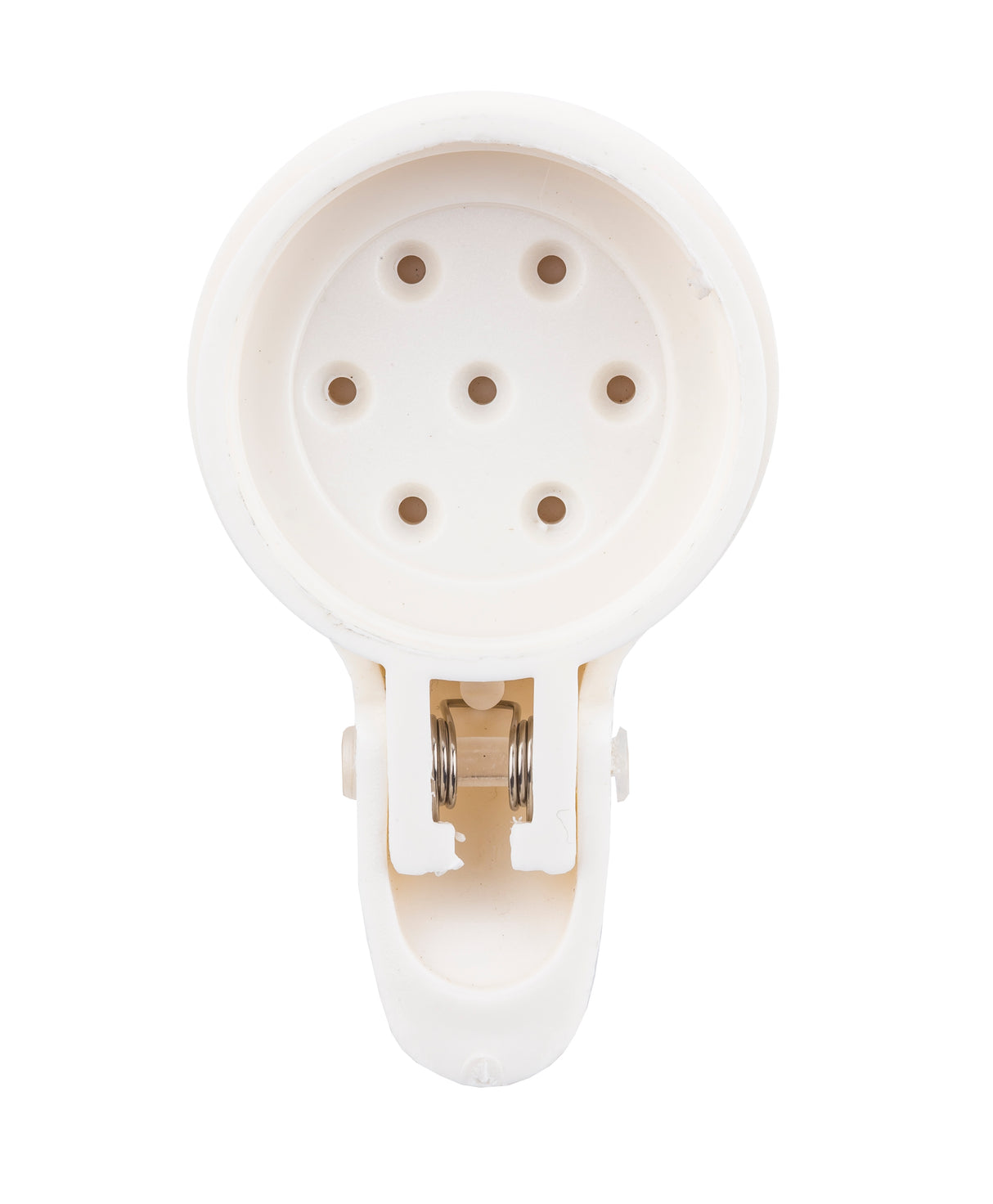 A white TableCraft MPWT plastic clip with a round, flat ABS top featuring eight evenly spaced holes and a visible metal spring at the hinge. The image is taken from above, showcasing its circular section and dishwasher safe construction.