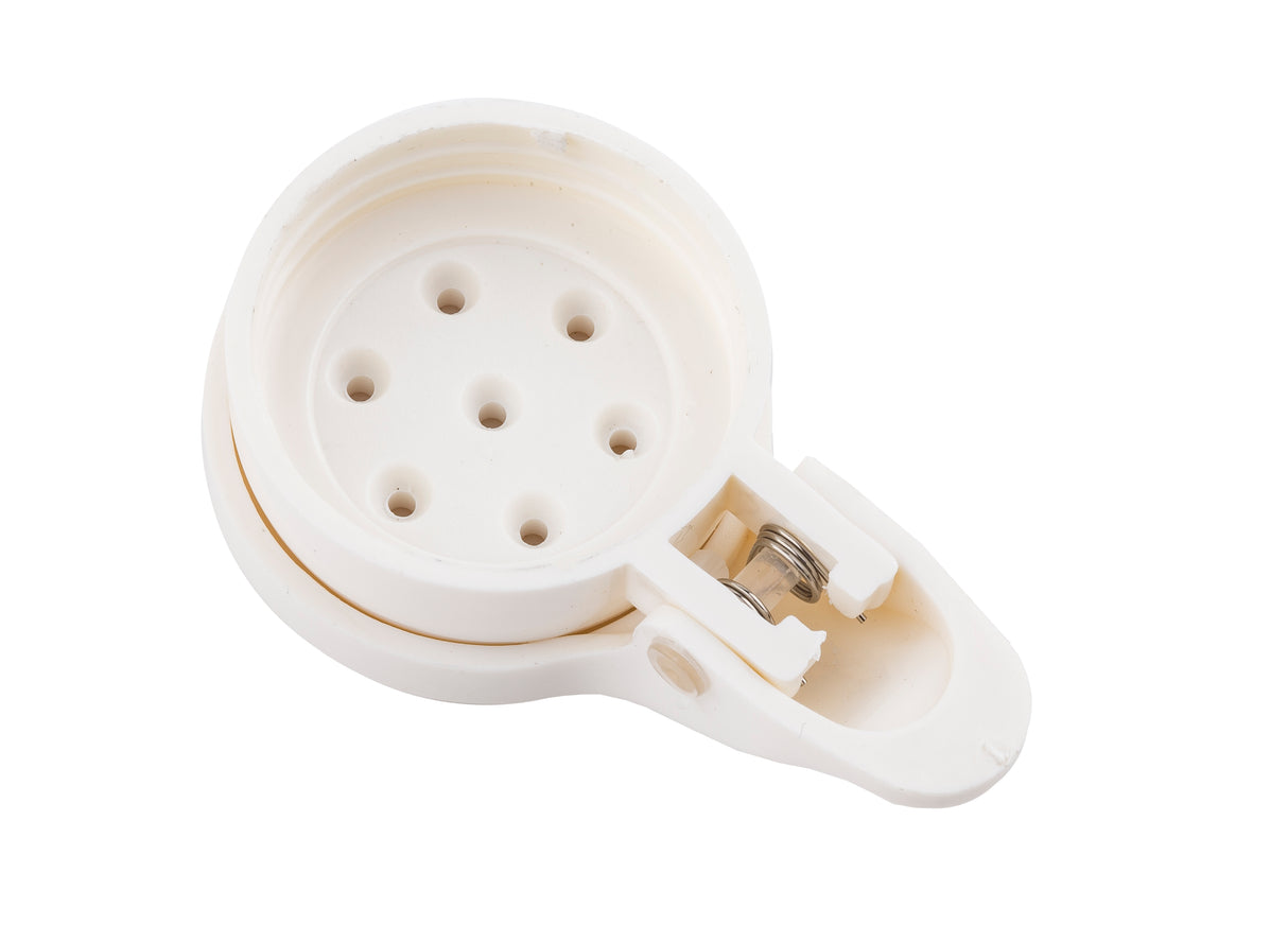 A white ABS plastic garlic press from TableCraft MPWT with a round, hinged design. One side has multiple small holes, the other a raised plate, and the handle features a metal spring. Dishwasher safe and shown on a white background.