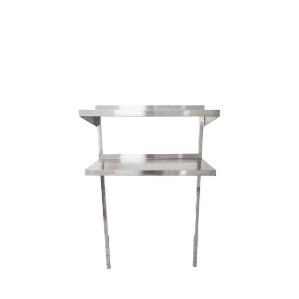 An NSF certified adjustable stainless steel overshelf with two tiers, supported by sturdy vertical metal brackets. Designed for wall mounting, this restaurant shelf showcases a sleek, industrial look against a plain white background.