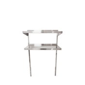 An NSF certified adjustable stainless steel overshelf with two tiers, supported by sturdy vertical metal brackets. Designed for wall mounting, this restaurant shelf showcases a sleek, industrial look against a plain white background.