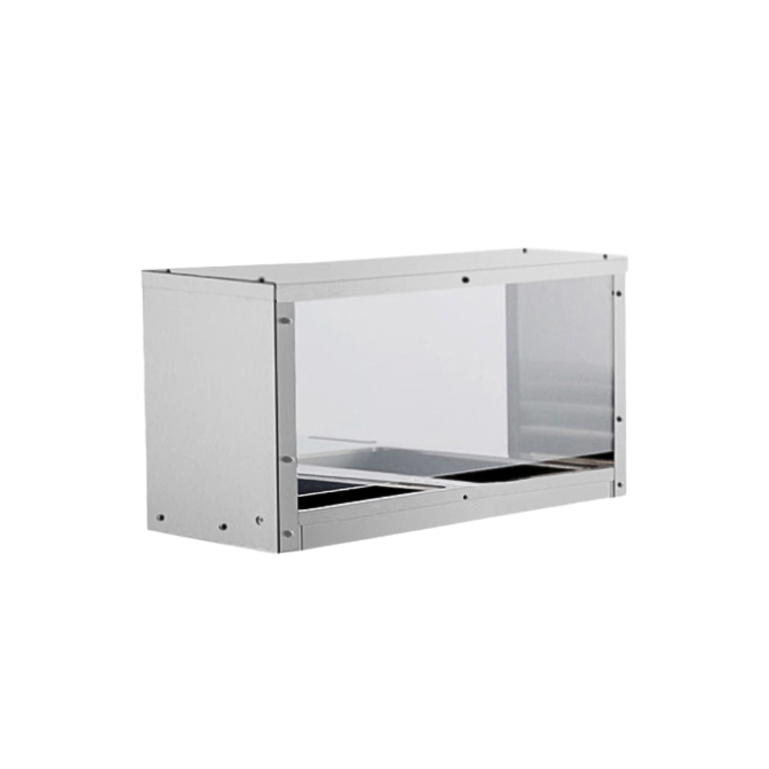 A rectangular stainless steel and glass display case with a transparent front and sides, featuring three horizontal compartments at the base. The modern, minimalist design includes an optional overshelf sneezeguard, photographed against a plain white background.