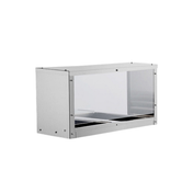 A rectangular stainless steel and glass display case with a transparent front and sides, featuring three horizontal compartments at the base. The modern, minimalist design includes an optional overshelf sneezeguard, photographed against a plain white background.