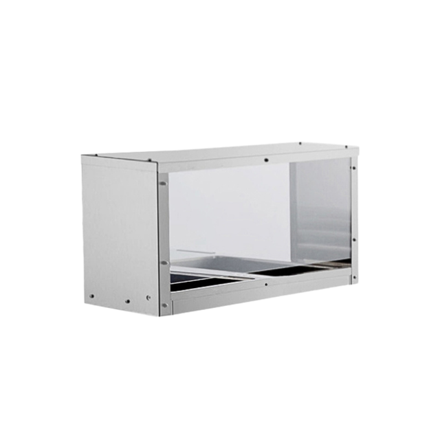 A rectangular stainless steel and glass display case with a transparent front and sides, featuring three horizontal compartments at the base. The modern, minimalist design includes an optional overshelf sneezeguard, photographed against a plain white background.