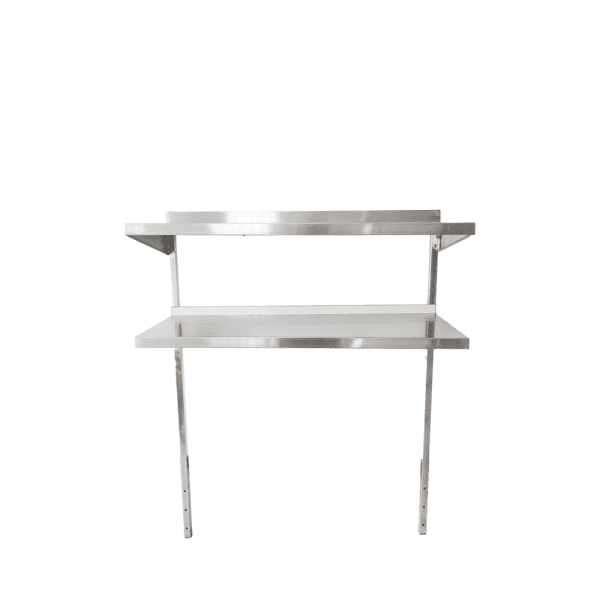 A stainless steel wall-mounted table with an adjustable overshelf, supported by brackets and two vertical legs. The sleek, industrial design suits kitchens or workspaces. A plain white background highlights the table’s metallic surface and clean lines.