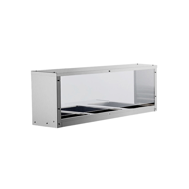 A stainless steel commercial food display case with a clear glass front and top includes an NSF certified stainless steel sneezeguard. The unit has four compartments for trays, making it ideal for buffets or cafeterias. Background is plain white.