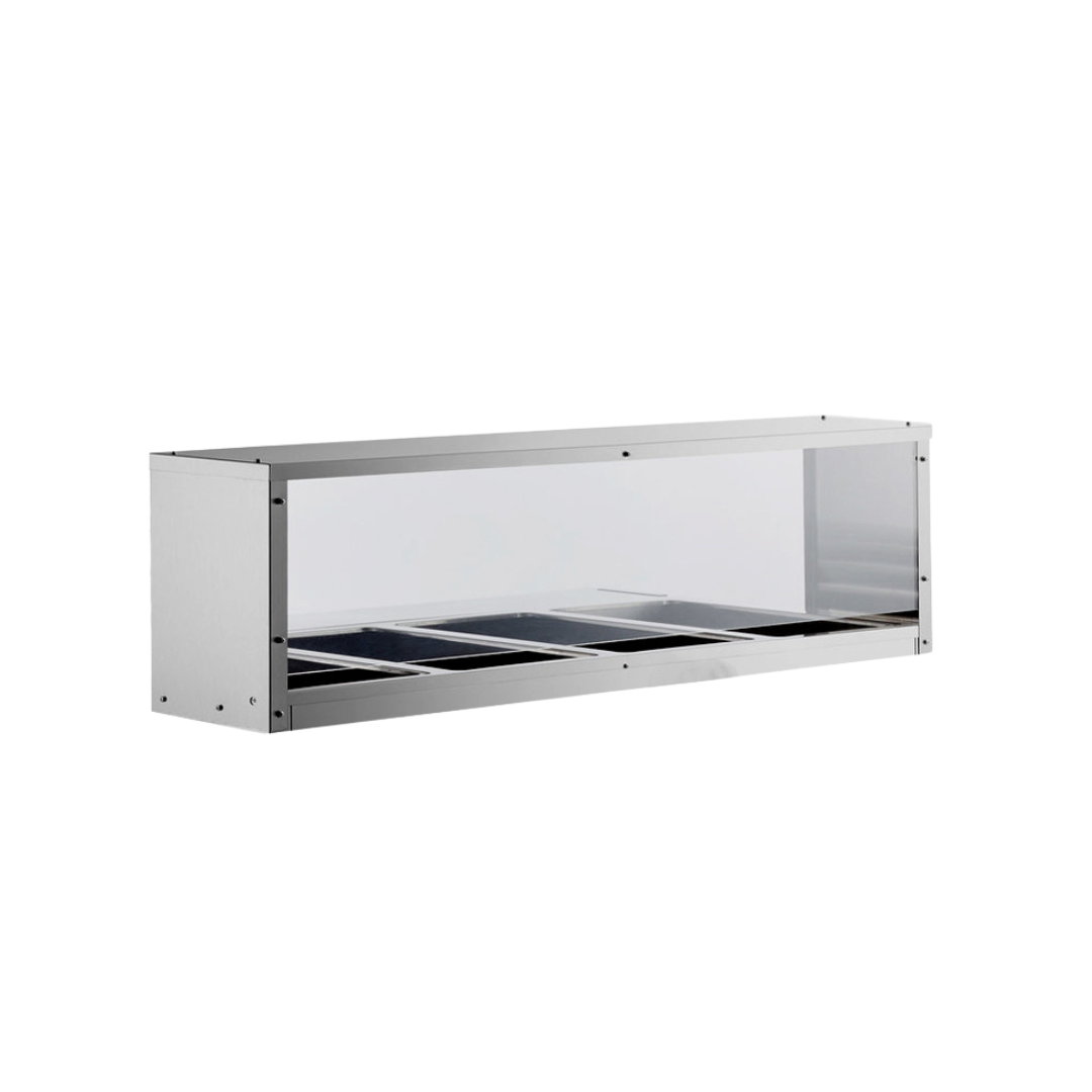 A sleek, modern NSF stainless steel food display case with a transparent glass front and top. It features six metal compartments, an open back for easy access, and is perfect for restaurant or cafeteria counters. Ideal for use with a steam table overshelf.