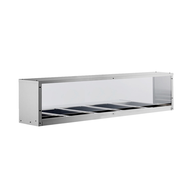 A countertop food display case made of 18/201 stainless steel with a clear glass front and top, divided trays for ingredients or toppings, and an integrated sneeze guard—ideal for salad bars or sandwich stations in restaurants and delis. White background.
