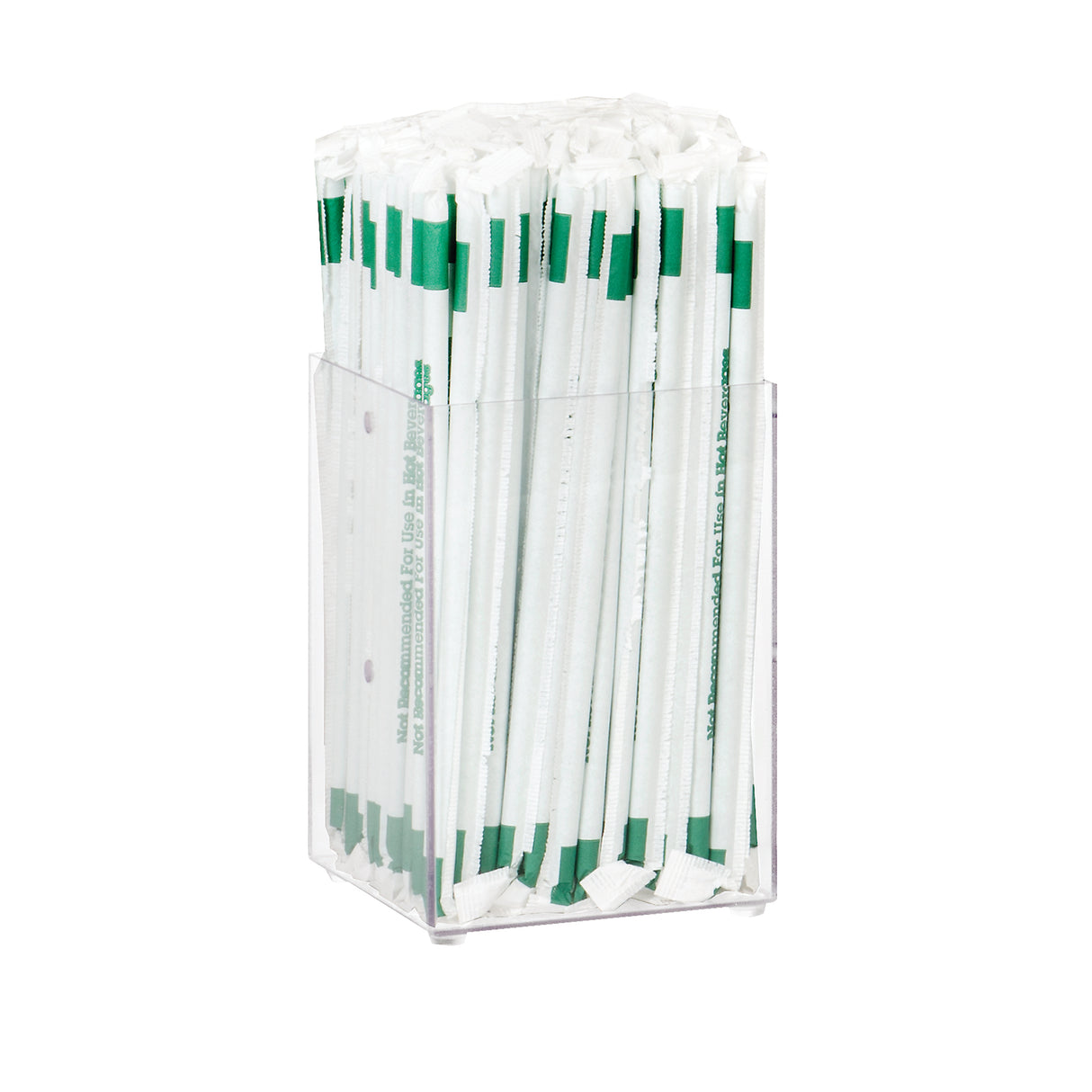 A modular acrylic straw holder contains upright white paper-wrapped drinking straws with green stripes. The neatly packed straws feature green text on the wrappers, though the wording isn’t fully legible, all set against a plain white background.