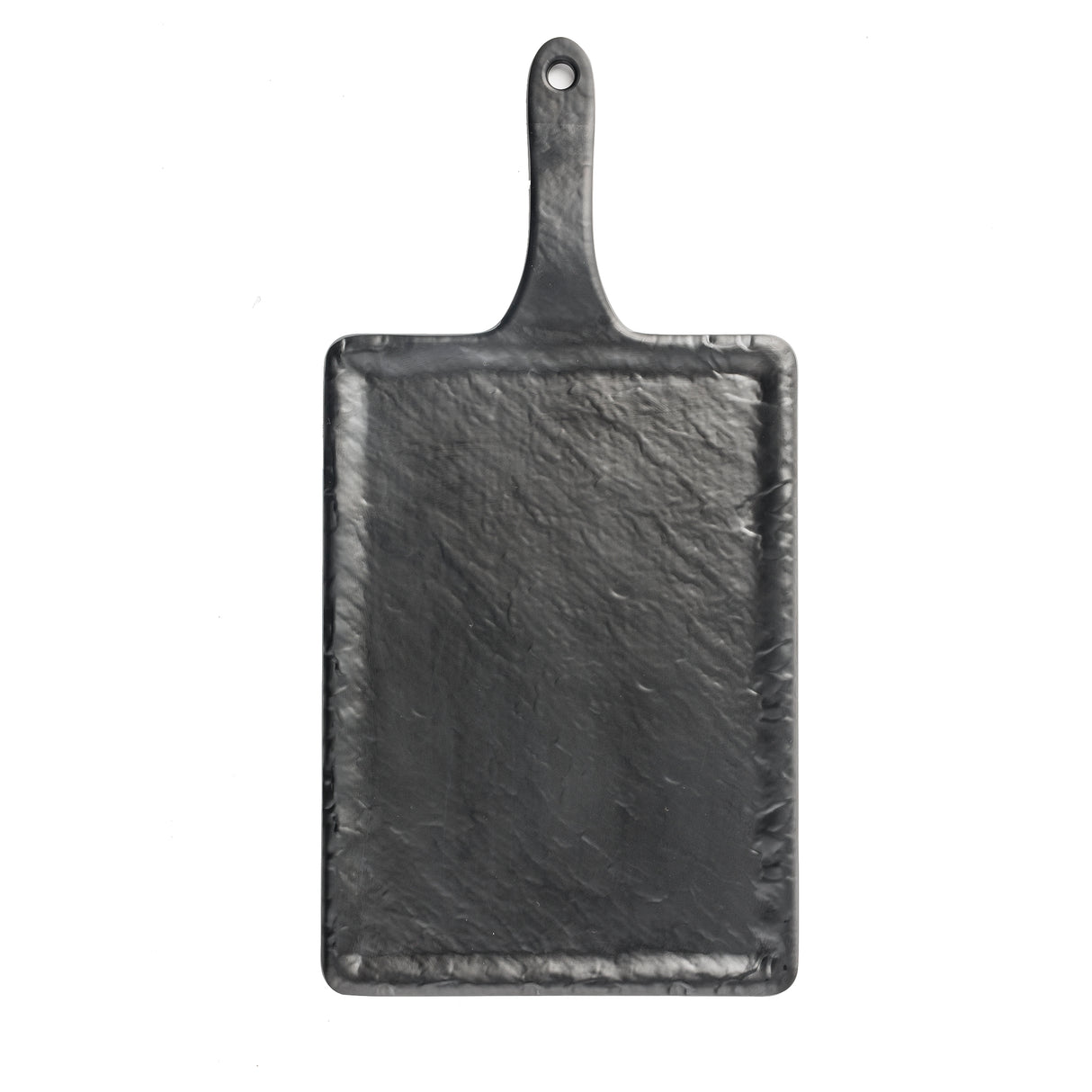 A rectangular, black slate Frostone Collection Serving Paddle with a handle and a small hanging hole. Its rough, textured finish and slightly uneven edges create a natural, handcrafted look. The background is plain white.