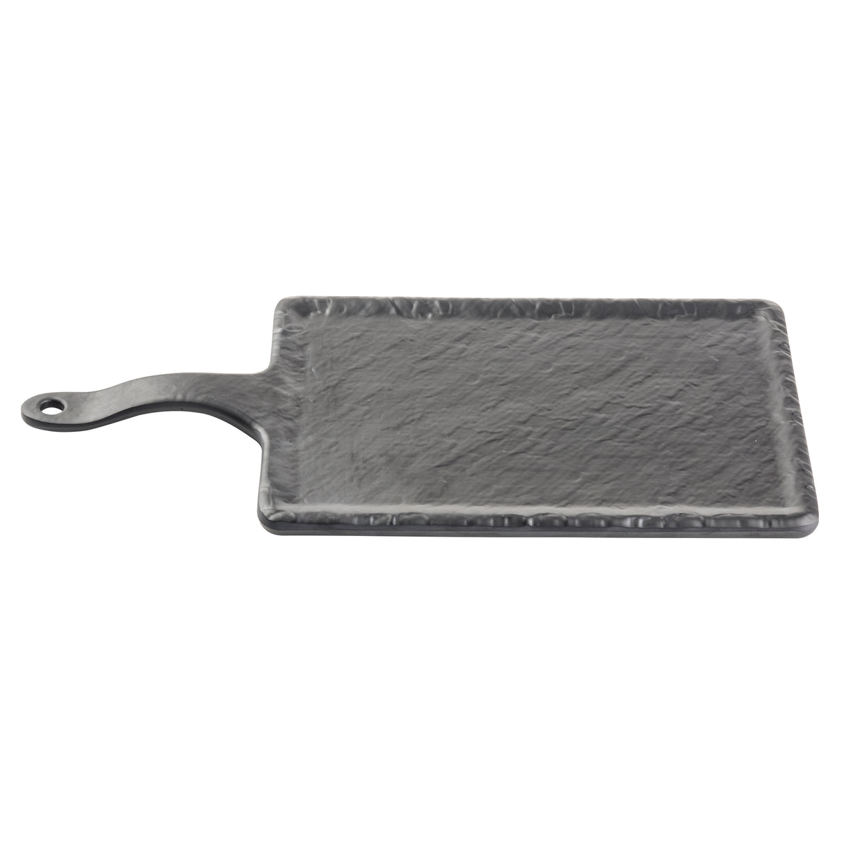 A rectangular black slate Frostone Collection Serving Paddle with a textured surface and a handle with a hole for hanging, shown on a white background. The slightly raised, rough edges add to its natural, rustic appearance.