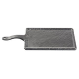 A rectangular black slate Frostone Collection Serving Paddle with a textured surface and a handle with a hole for hanging, shown on a white background. The slightly raised, rough edges add to its natural, rustic appearance.