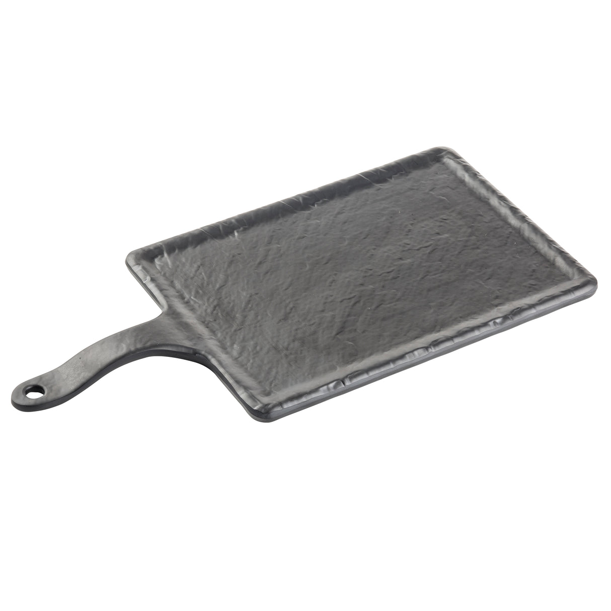 A rectangular, flat, black slate Frostone Collection Serving Paddle with a short handle featuring a hole at the end. The textured surface is slightly uneven, and the board is angled on a white background.